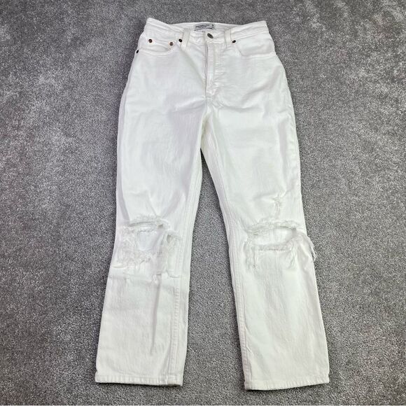 Abercrombie & Fitch Jeans Women's 26 Short White Ankle Straight High Rise Ripped - Picture 1 of 11